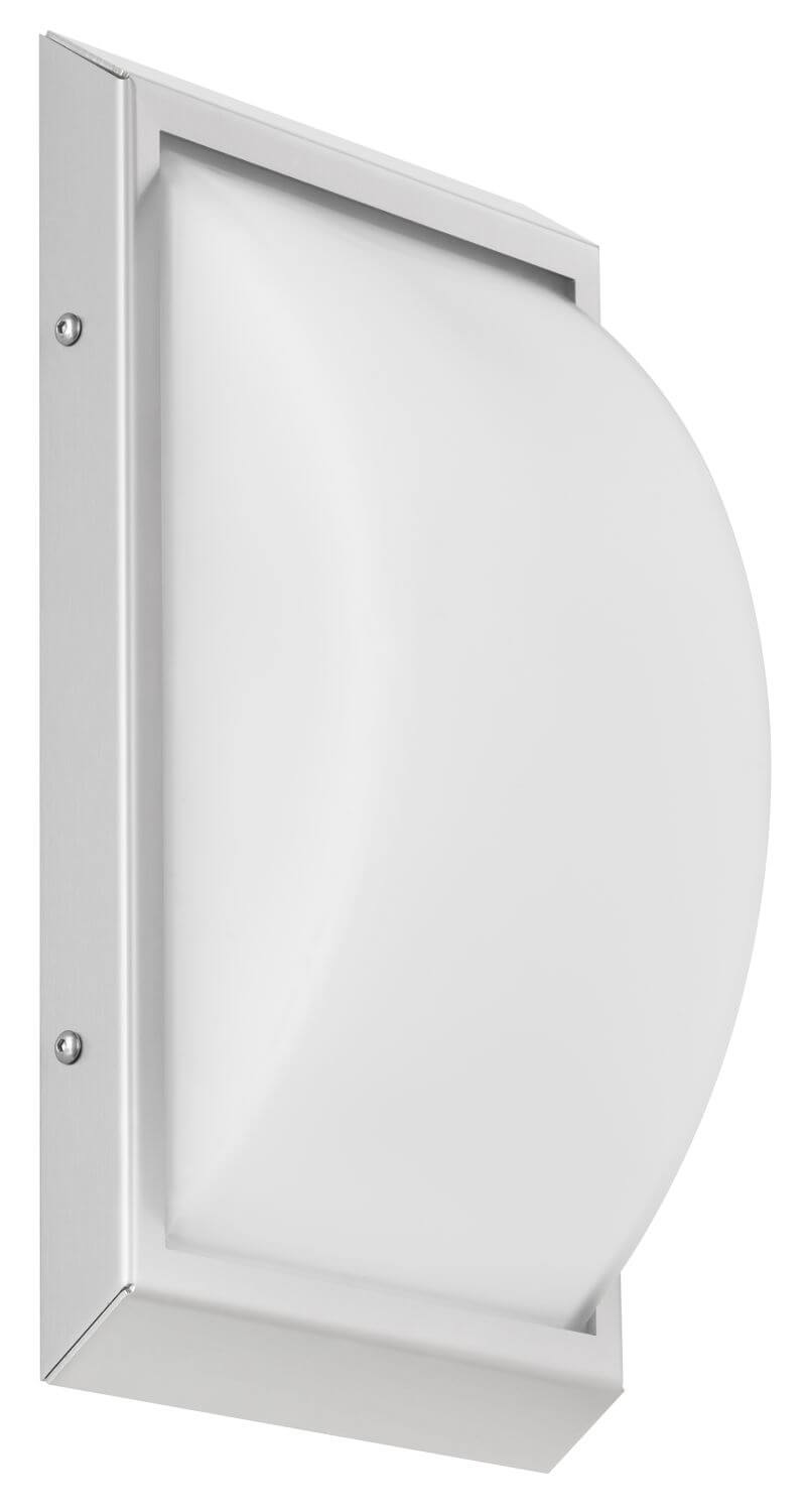 Profil latéral de l'applique montrant l'épaisseur du cadre inox et le diffuseur bombé.