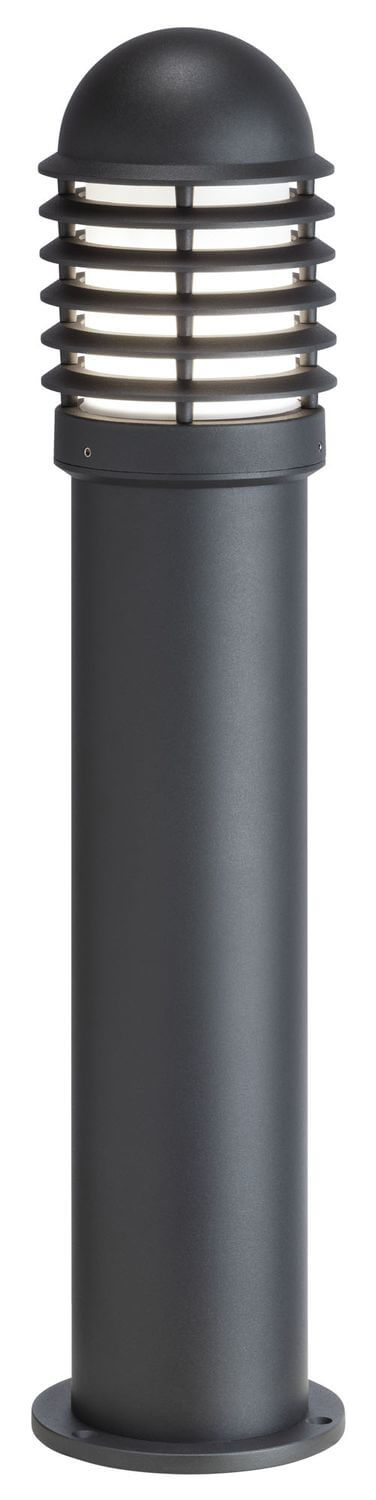 Détail de la tête lumineuse allumée, lumière blanche filtrant entre les ailettes anthracite.