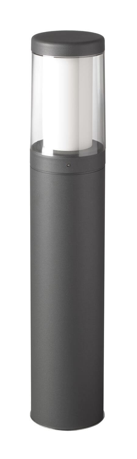Borne anthracite cylindrique, détail du diffuseur blanc sous verre, éclairage allumé, fond blanc.