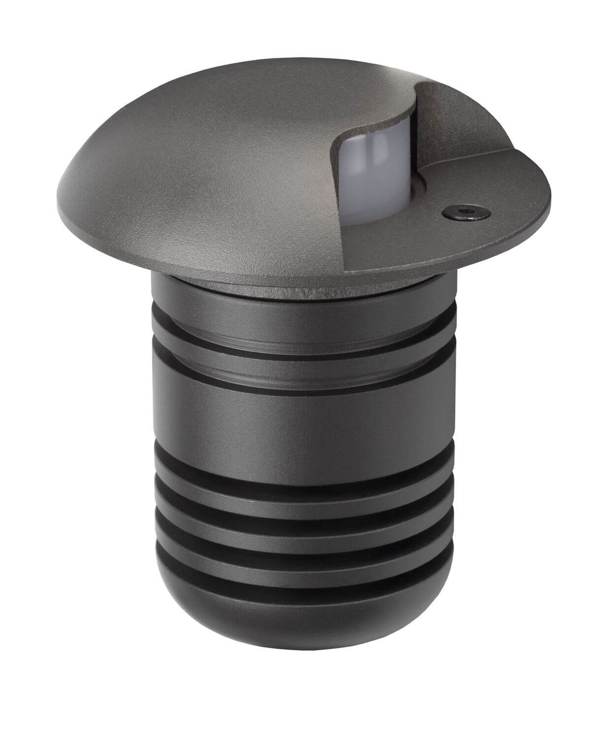 Vue de trois quarts montrant le corps cylindrique strié et la coupole anthracite du luminaire.