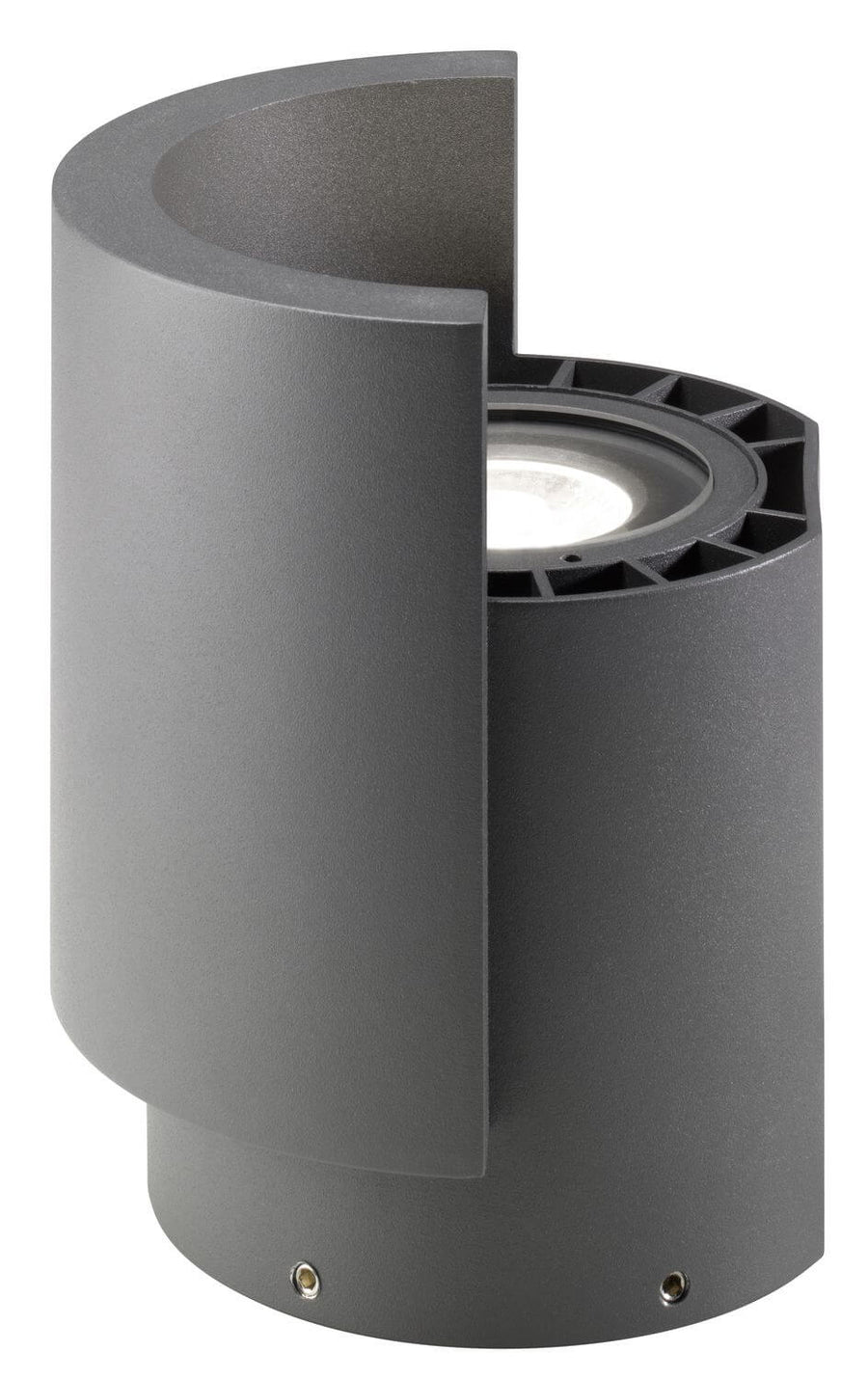 Détail du boîtier cylindrique anthracite avec vis de fixation et grille métallique