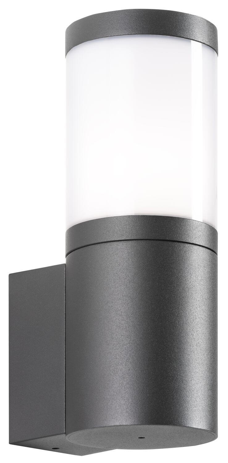 Autre angle du luminaire mural anthracite, cylindre blanc et embase rectangulaire.