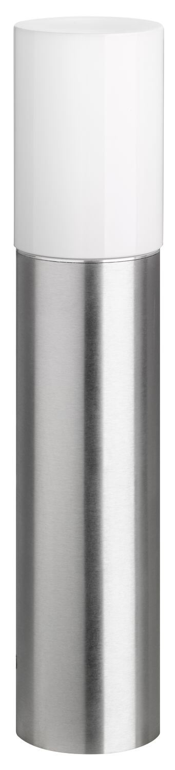 Détail du haut de la borne : diffuseur cylindrique blanc et jonction avec l’inox.