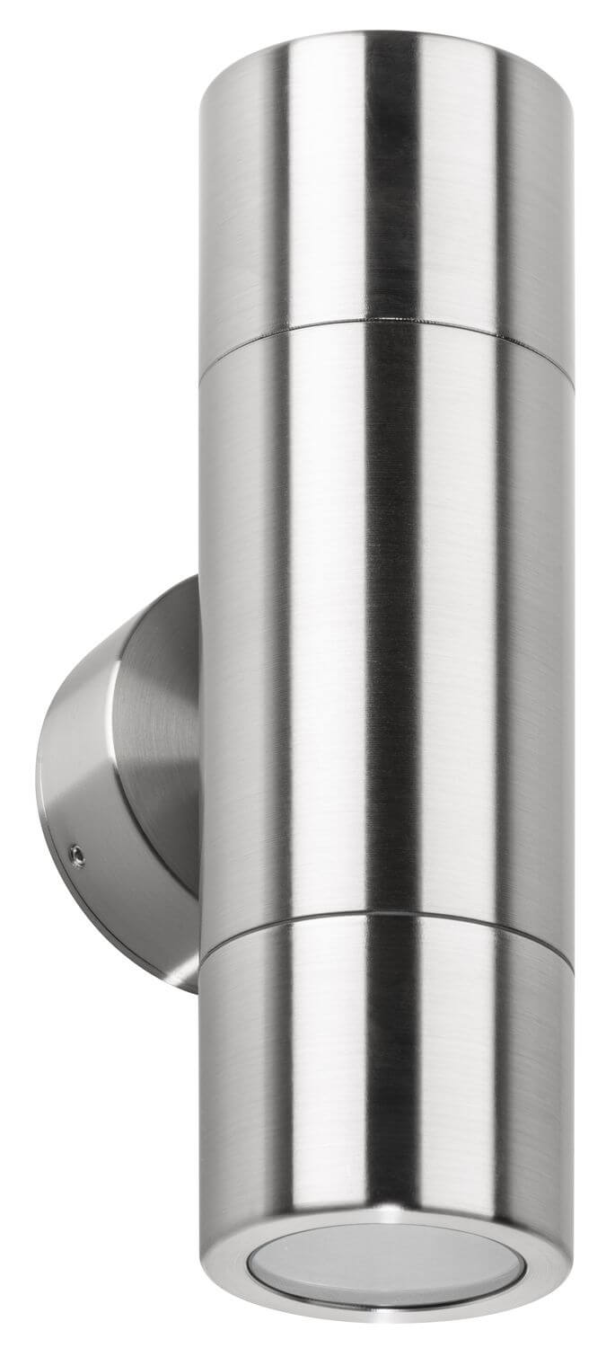 Applique murale cylindrique en inox vue de côté sur fond blanc