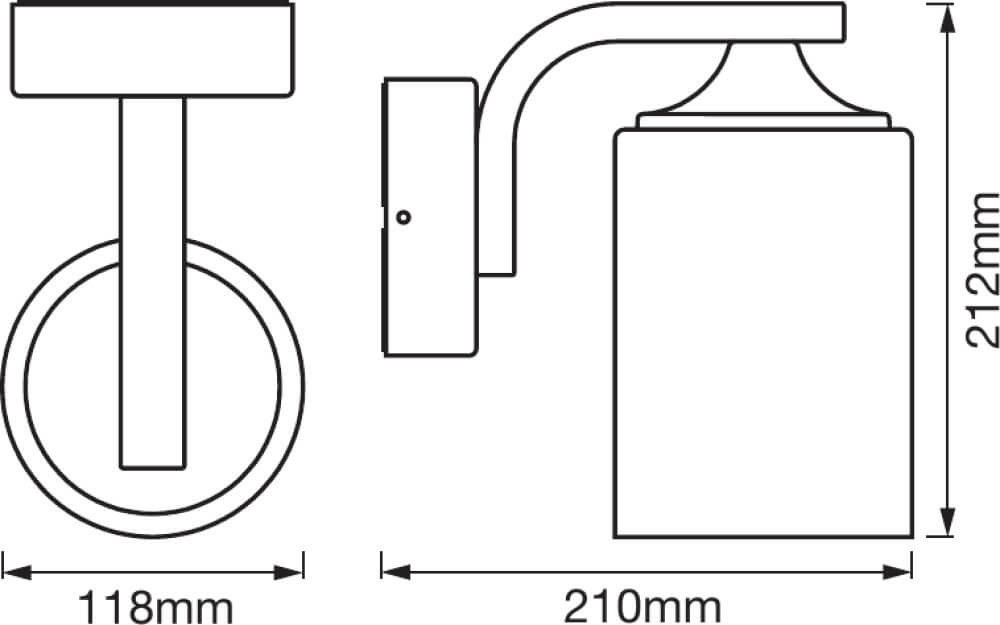 Schéma technique coté du luminaire mural, largeur 118 mm et hauteur 212 mm.