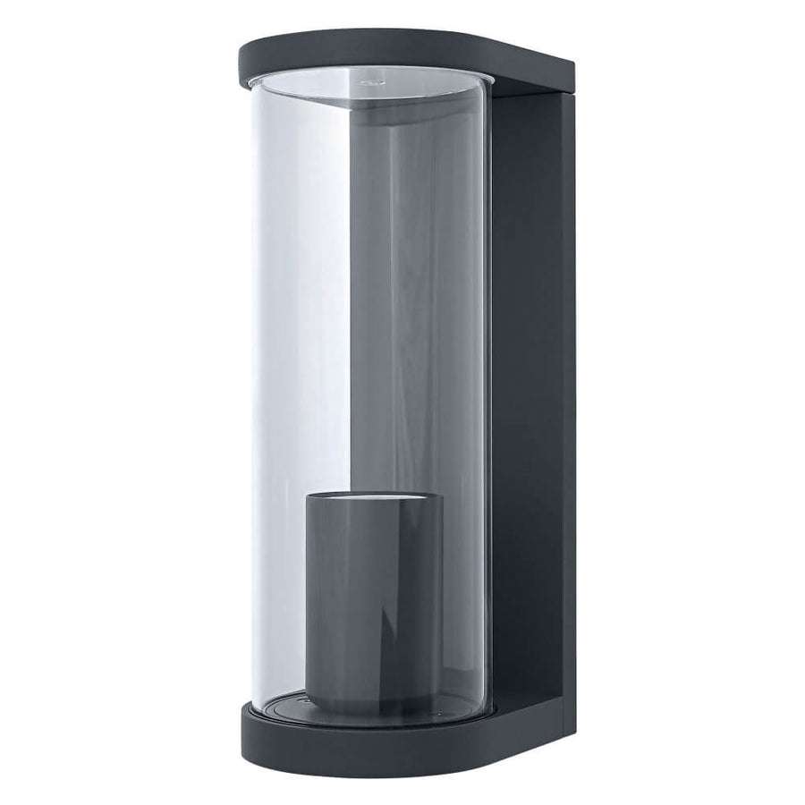 Face avant de l’applique extérieure, diffuseur tubulaire clair et support aluminium sombre.