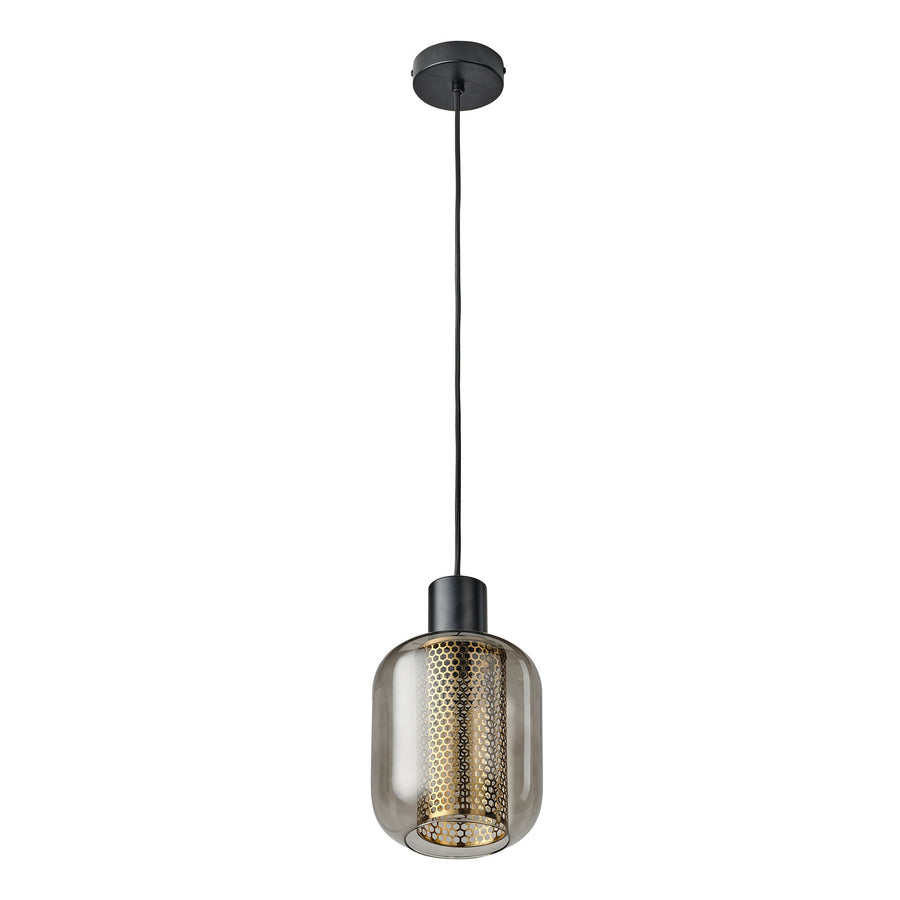 Suspension noire complète avec abat-jour en verre fumé et cylindre doré perforé.