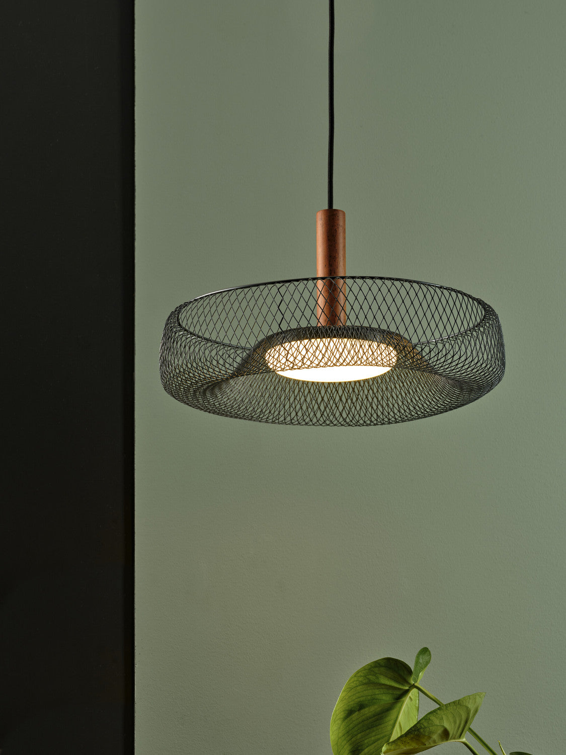 Suspension allumée diffusant une lumière chaude devant un mur vert et une plante.