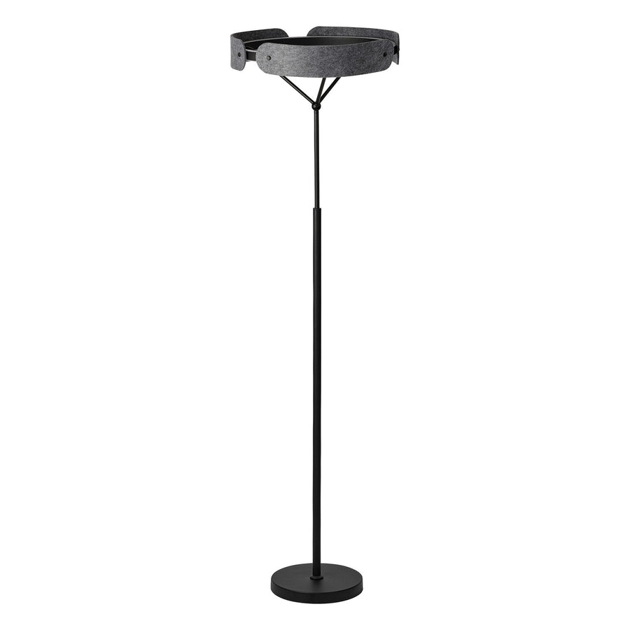 Lampadaire noir sur fond blanc avec abat-jour circulaire en feutre anthracite.
