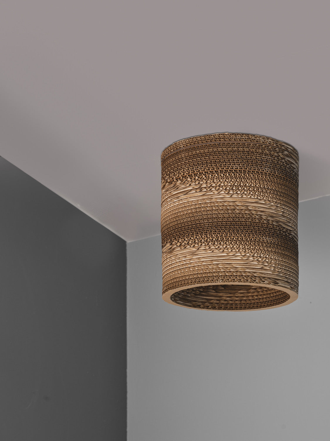 Vue en angle du luminaire cylindrique monté au plafond dans un coin gris.