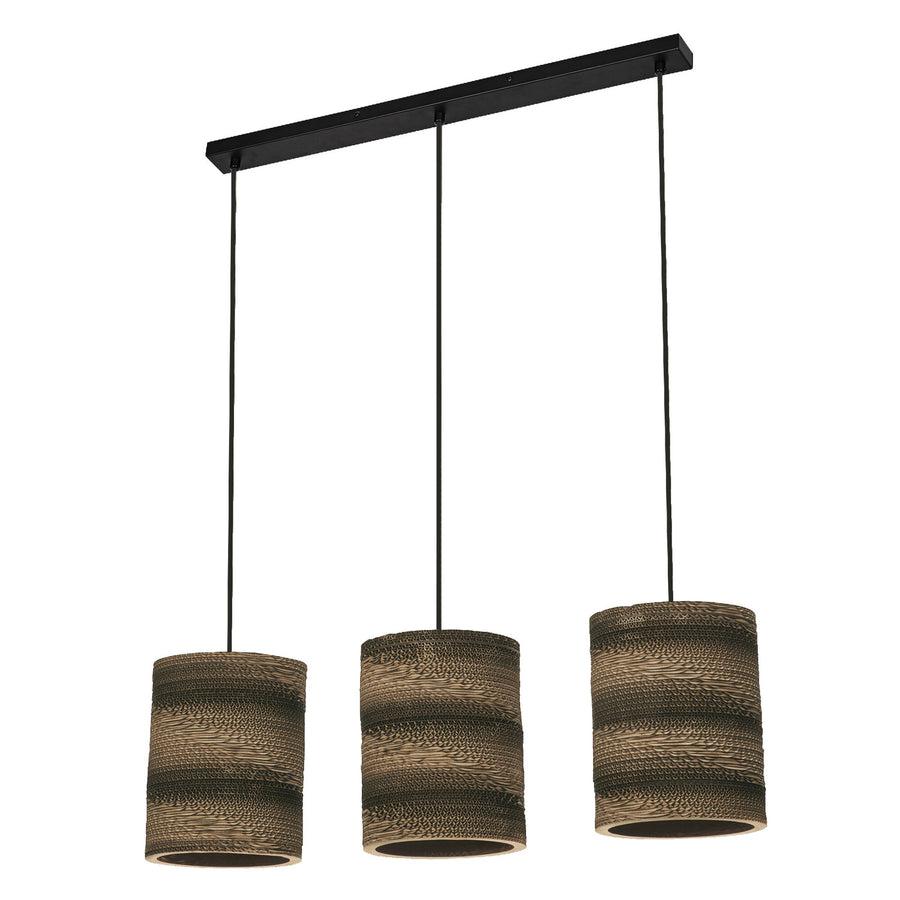 Suspension à trois cylindres en carton marron sur barre noire, vue produit de face.