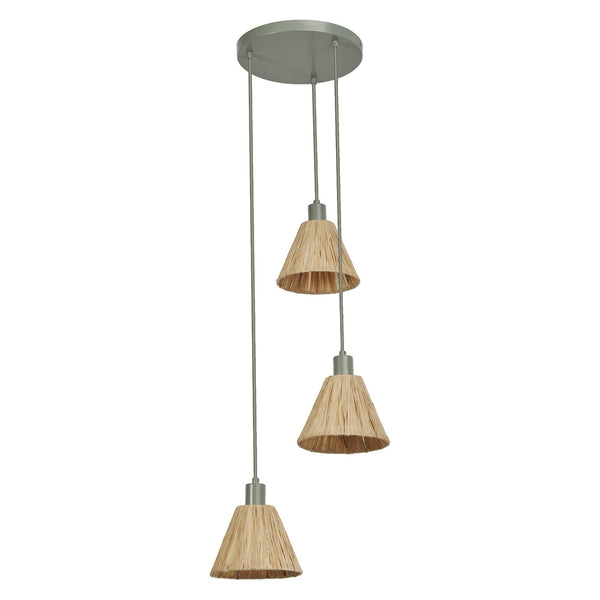 Suspension Raffia verte et marron, 3 lumières, sur rosace