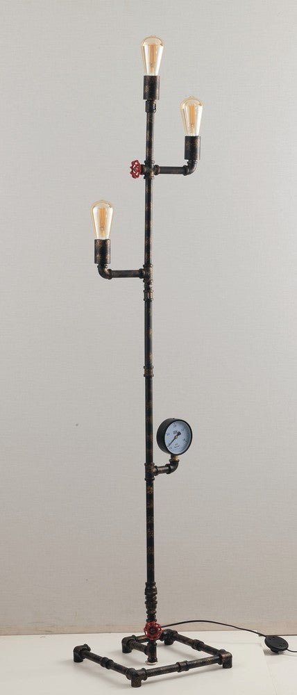 Lampadaire industriel en tuyaux, trois ampoules Edison, vanne rouge et manomètre, vue de face.