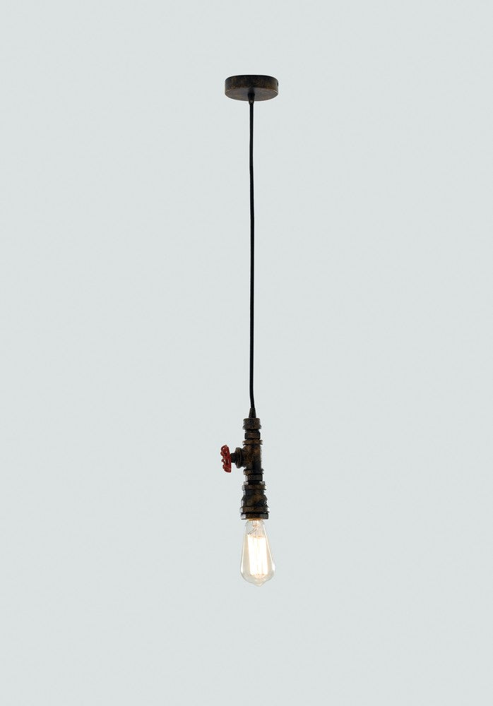Photo de la suspension sur fond gris, montrant tuyau, vanne rouge et ampoule Edison.