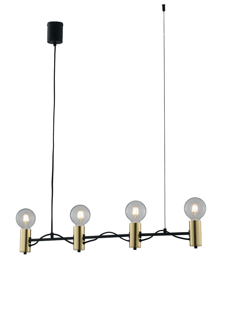 Vue rapprochée du luminaire suspendu, mettant en valeur la structure noire et les douilles dorées.