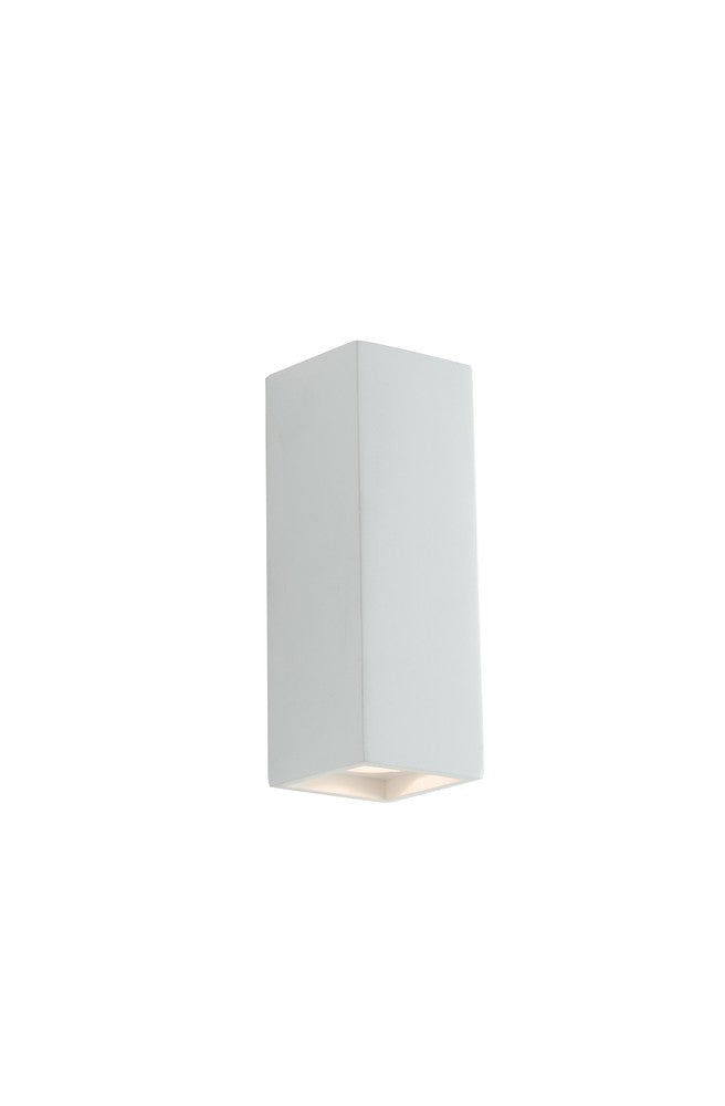 Vue en perspective du luminaire mural blanc, montrant le côté et l'éclairage bas.