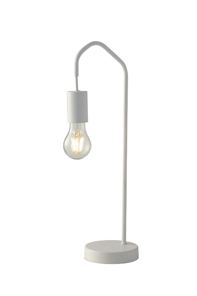 Lampe blanche de profil avec ampoule transparente, bras arqué et base circulaire.