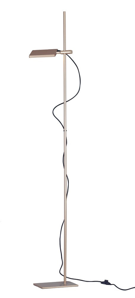 Vue d'ensemble du lampadaire doré sur base plate, illustrant sa structure fine et élancée.