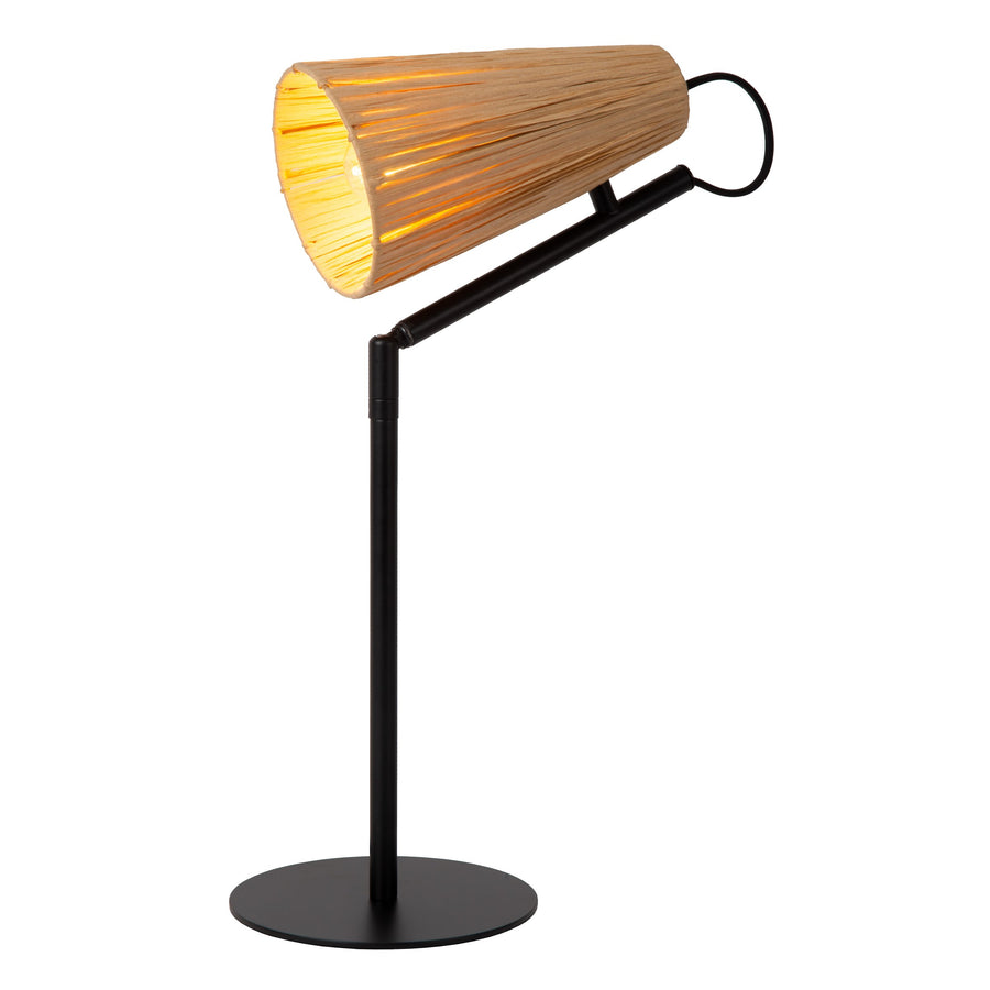 Lampe à poser en métal noir avec abat-jour en rotin orienté vers le haut