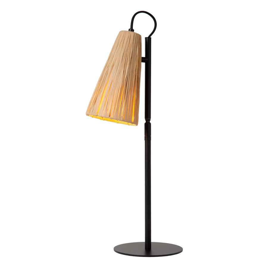 Vue de profil de la lampe à poser avec bras articulé et abat-jour en rotin