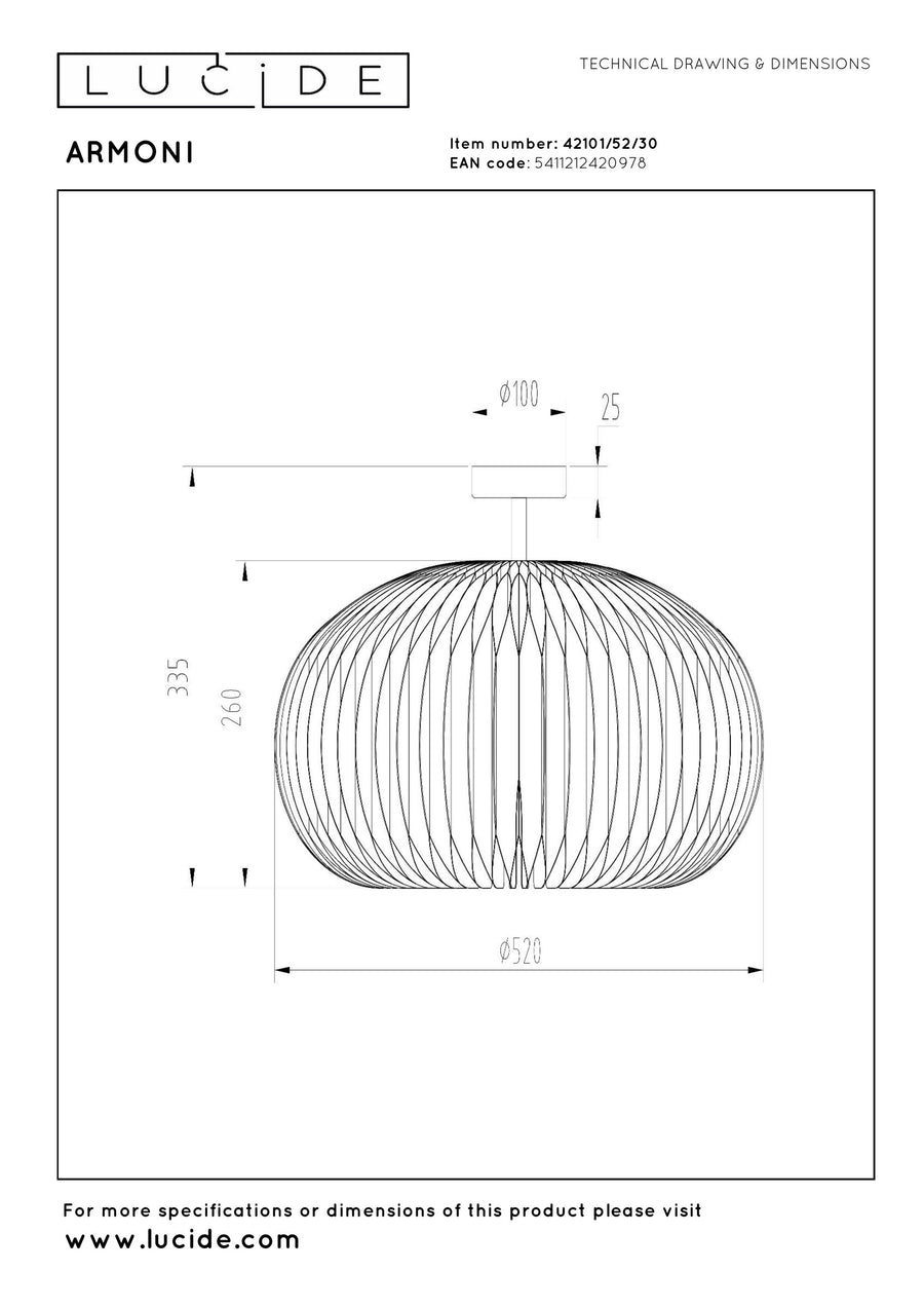 Schéma technique coté présentant les dimensions du plafonnier et sa fixation au plafond