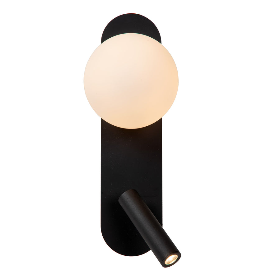 Produit de face avec grand diffuseur sphérique opale et projecteur cylindrique noir.