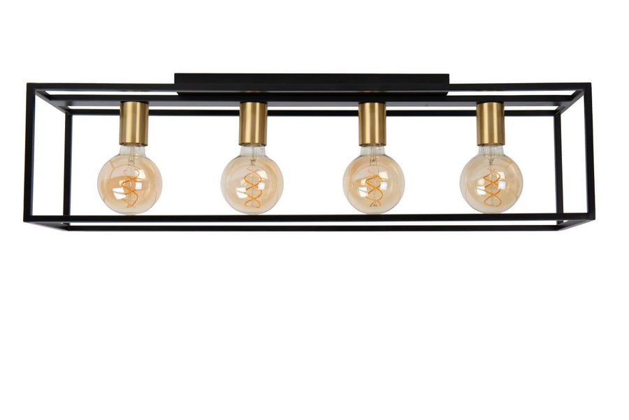 Vue frontale du plafonnier, ampoules rondes dorées visibles dans cadre noir