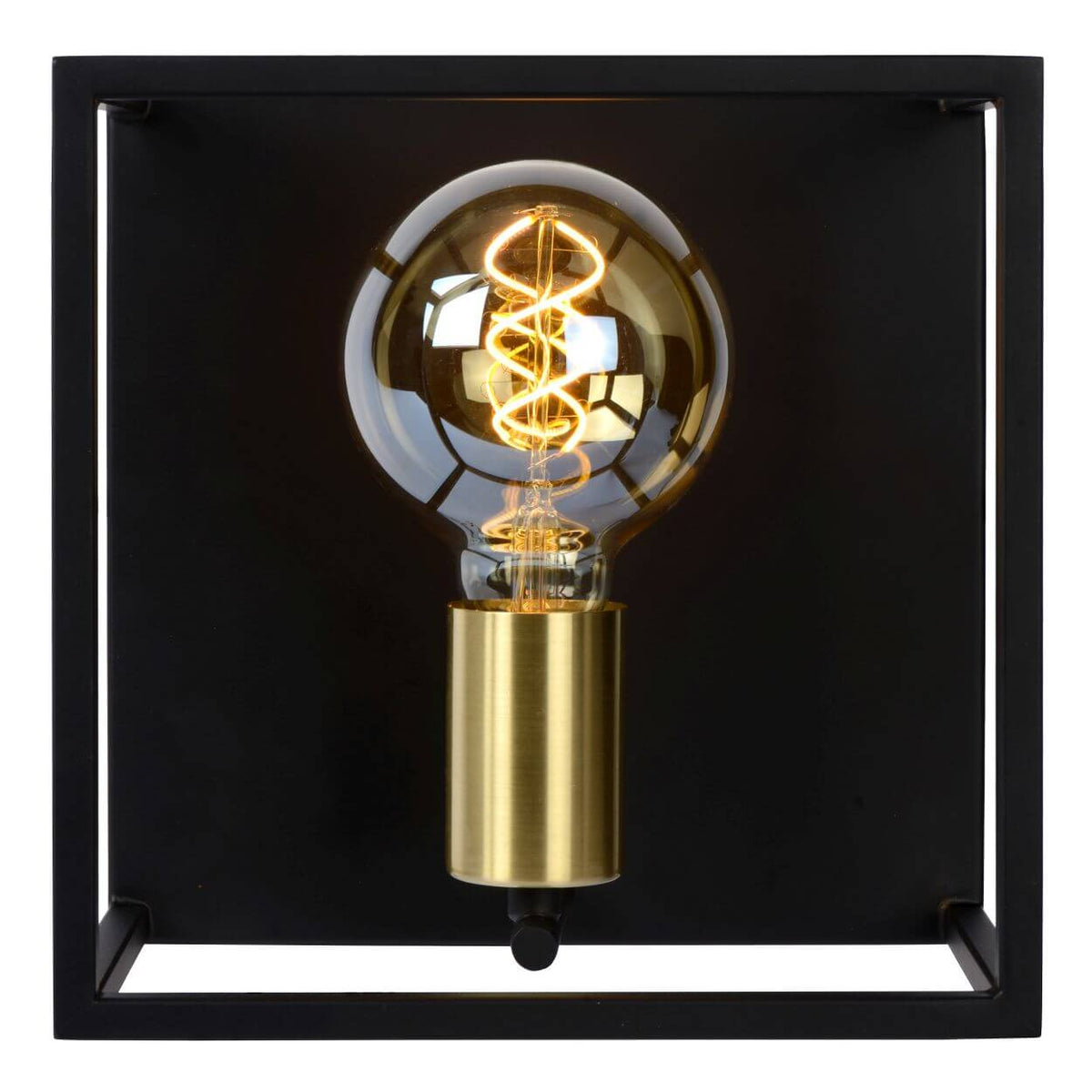 Vue de face de l'applique carrée noire, ampoule à filament doré au centre.