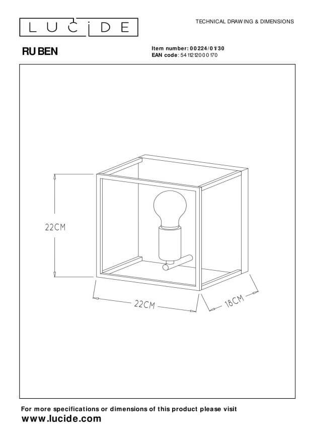 Schéma technique coté du luminaire : 22 cm de haut, 22 cm de large et 18 cm de profondeur.