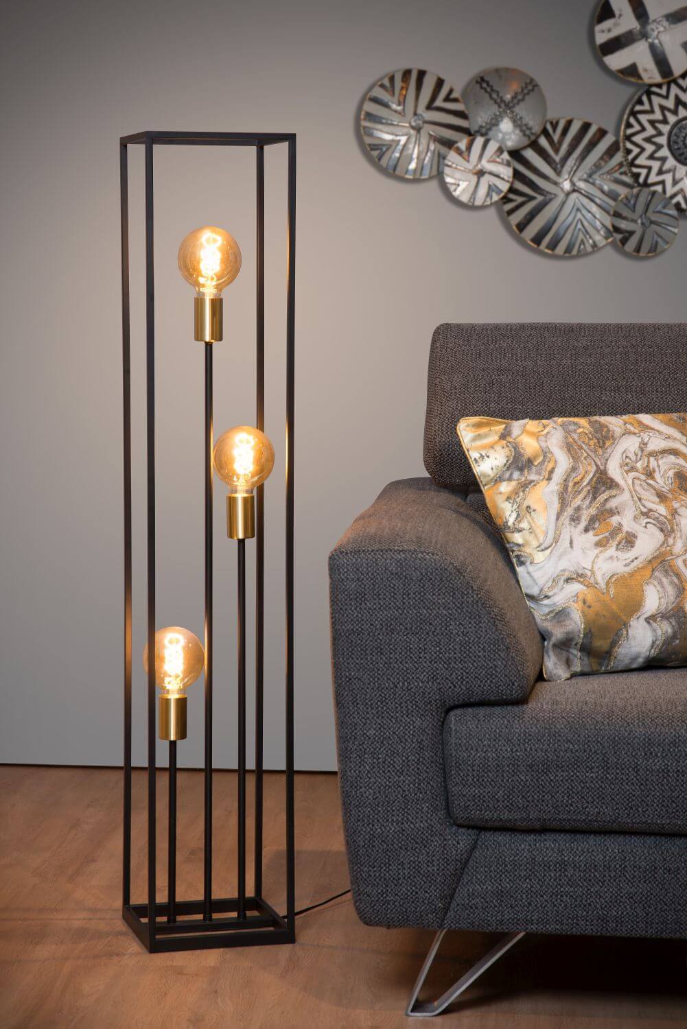 Lampadaire Ruben 3 lumières noir et doré mat