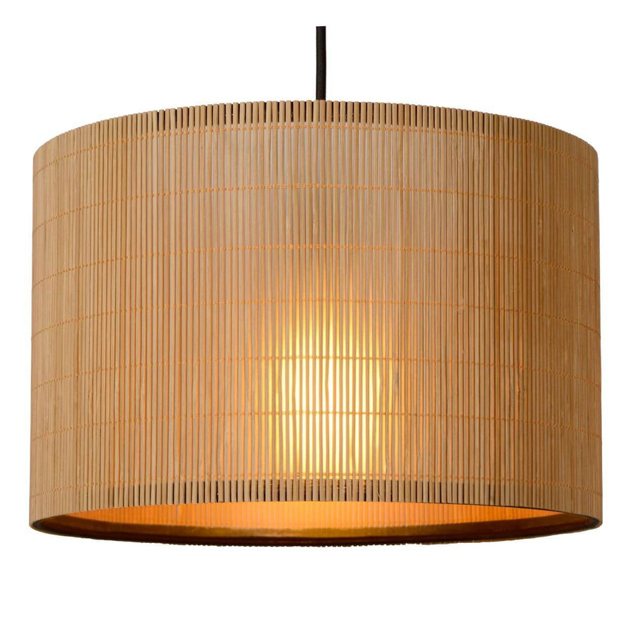 Suspension Magius 3 lumières bois clair et noire, rotin