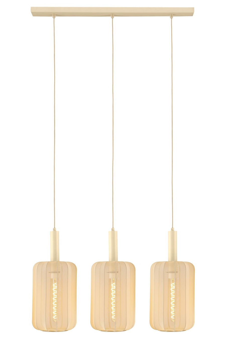 Vue de face de la suspension complète avec trois abat-jours textiles beiges et câbles.