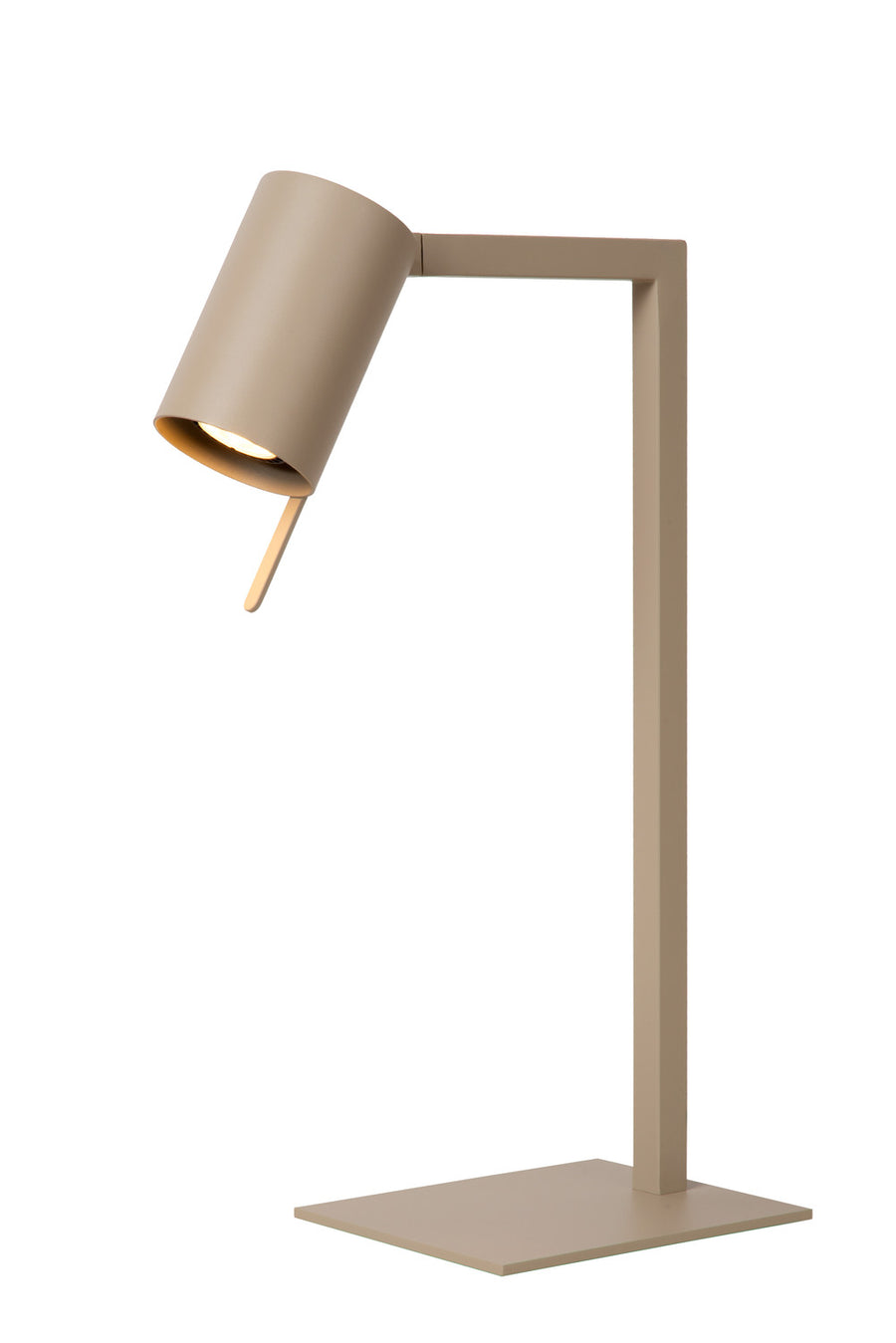 Lampe de bureau taupe vue de trois quarts, tête orientable vers le bas.