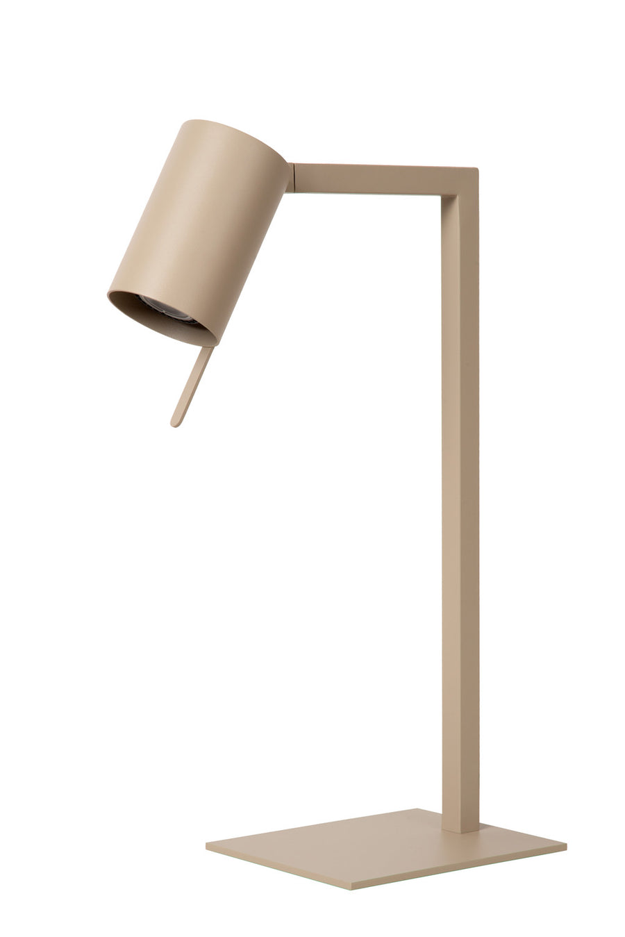 Lampe de bureau taupe de profil, socle carré et bras vertical.