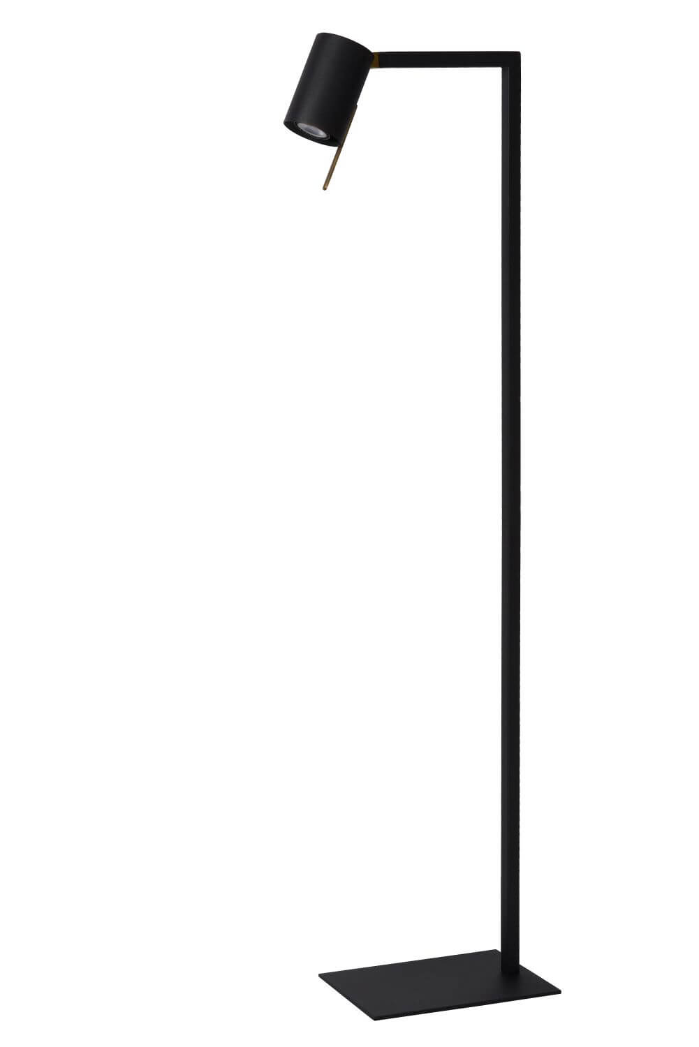 Lampadaire noir de trois quarts, grande tige et base rectangulaire plate.