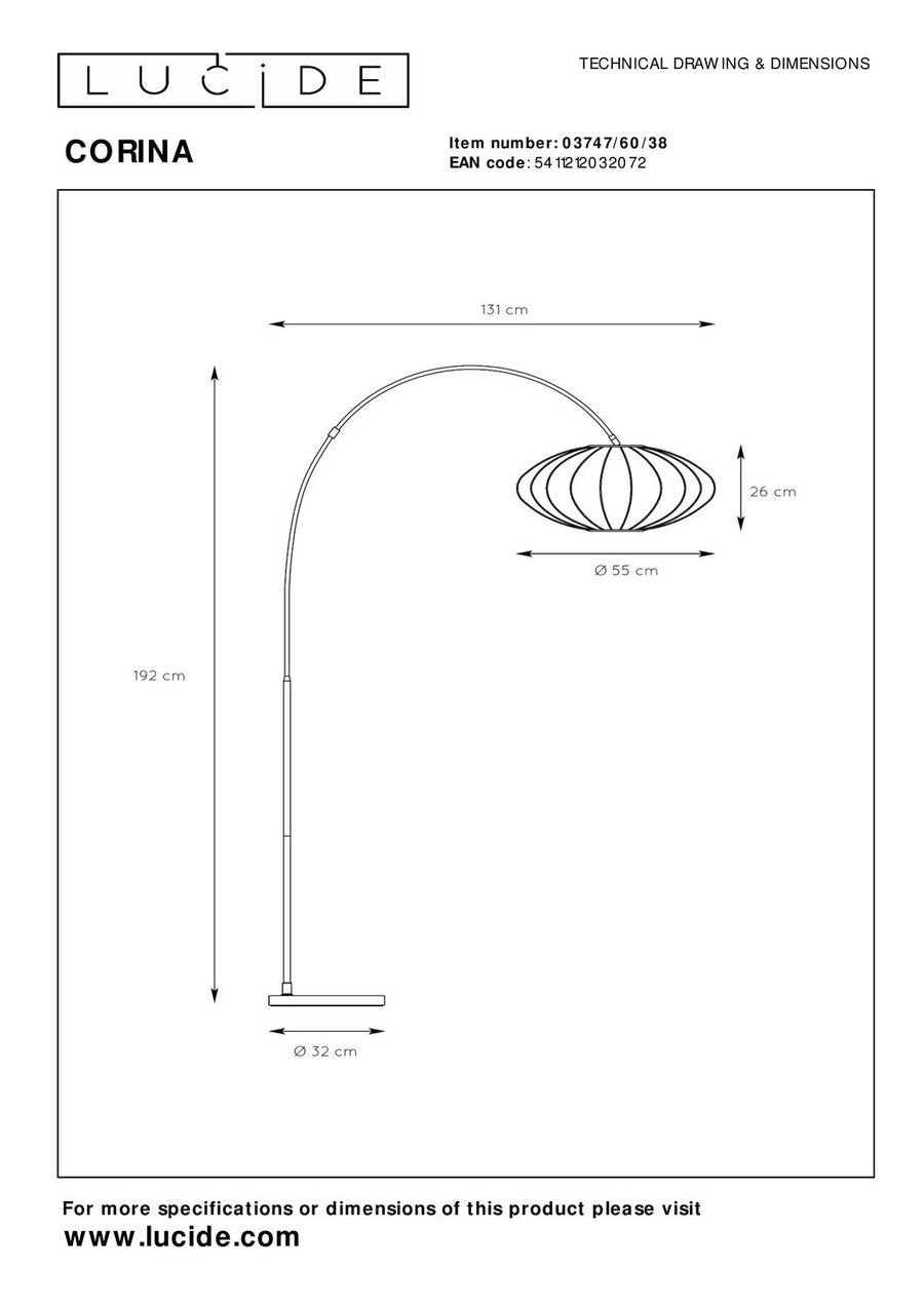 Schéma technique coté du lampadaire avec hauteur 192 cm et largeur 131 cm.