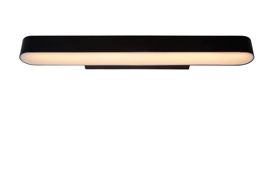 Produit seul sur fond blanc, applique murale noire avec diffuseur opale allumé.