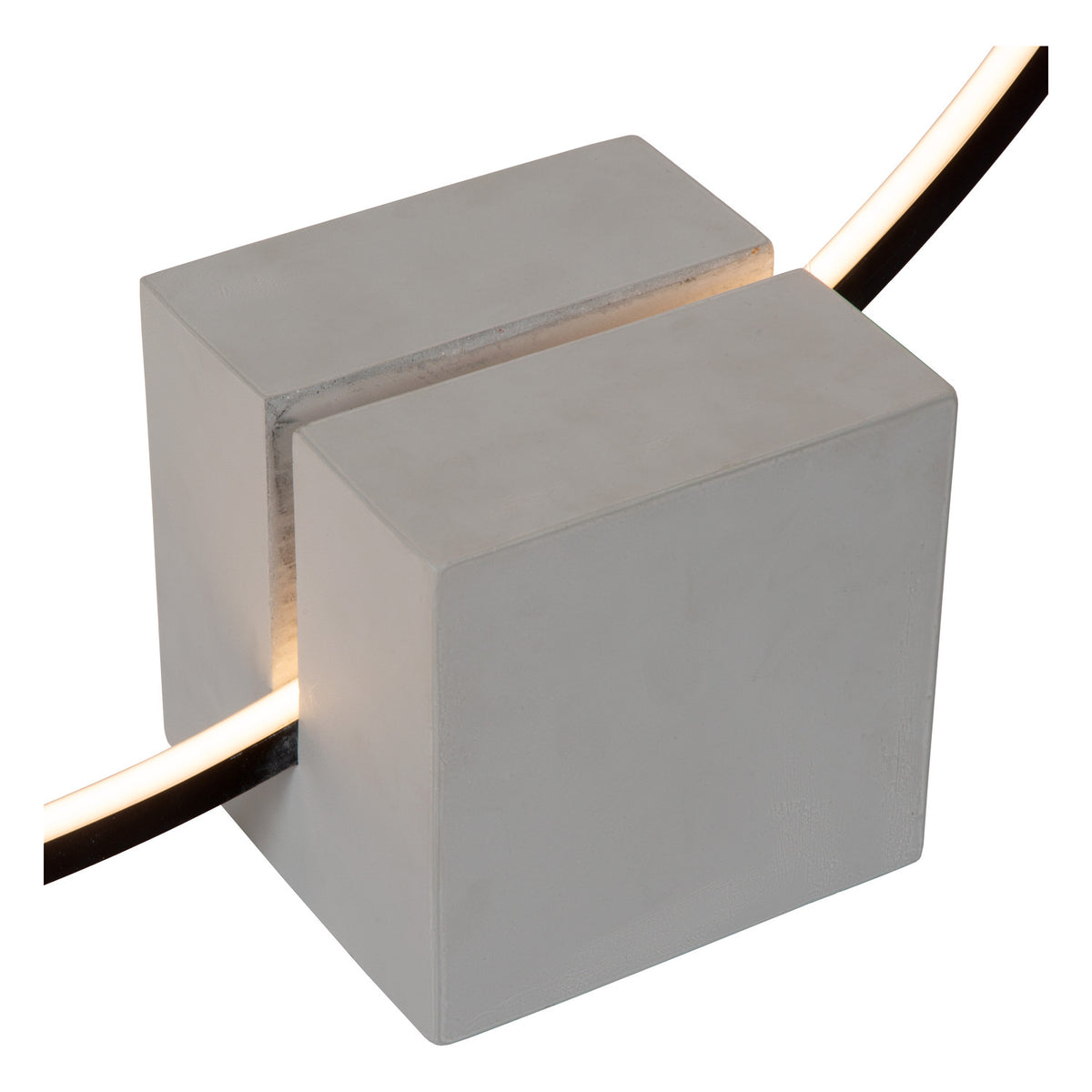 Détail du socle cubique gris et passage du bandeau lumineux LED