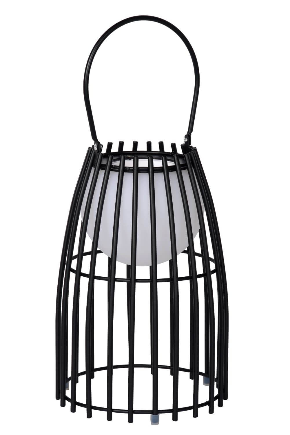 Lampe noire en cage avec sphère blanche éteinte, présentée de face sur fond blanc.