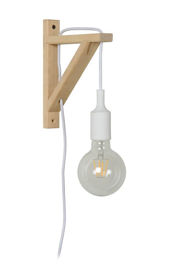 Autre vue du produit isolé : support en bois clair, douille blanche et ampoule transparente.