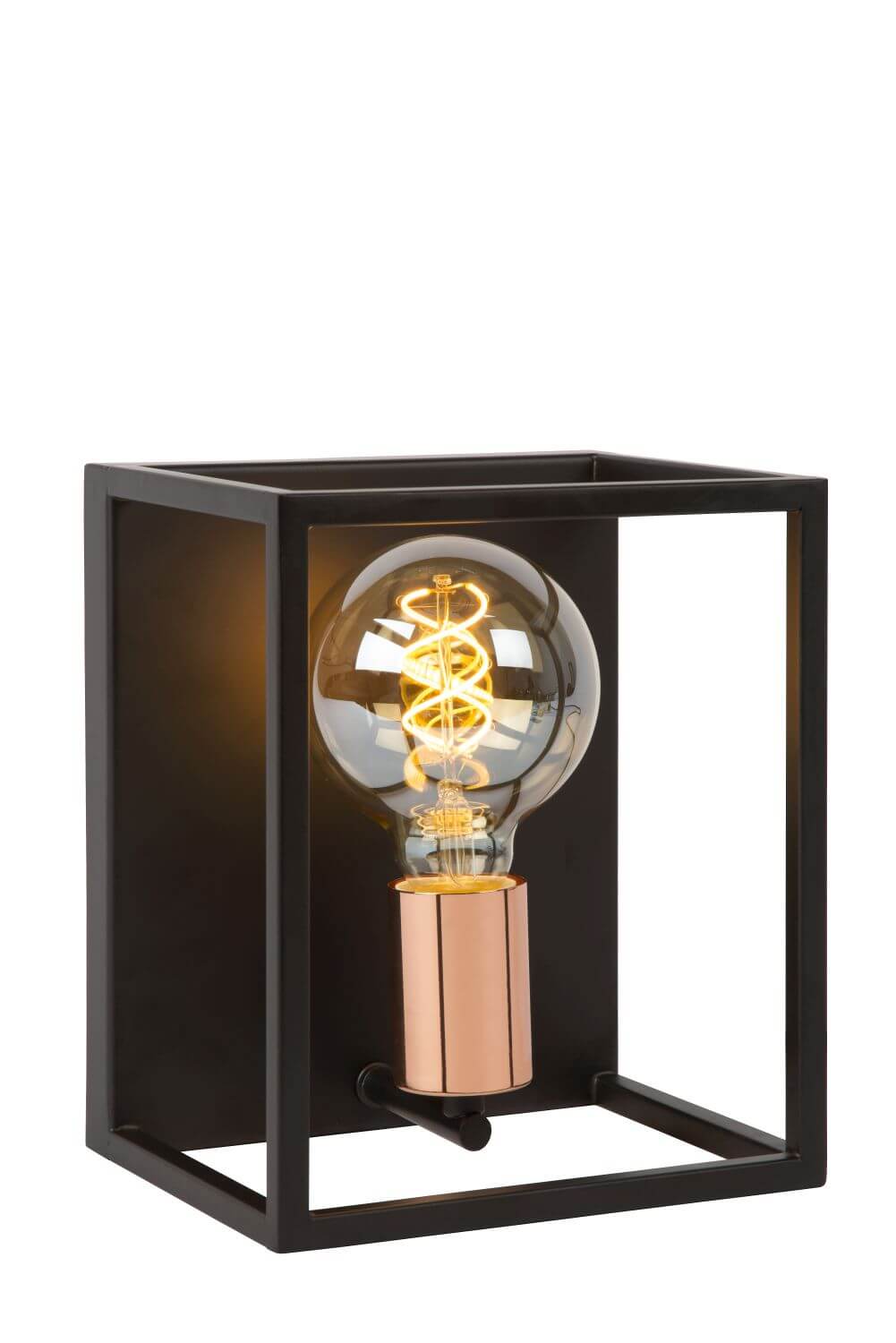 Vue trois quarts du luminaire noir à cadre carré avec douille cuivrée et ampoule spiralée