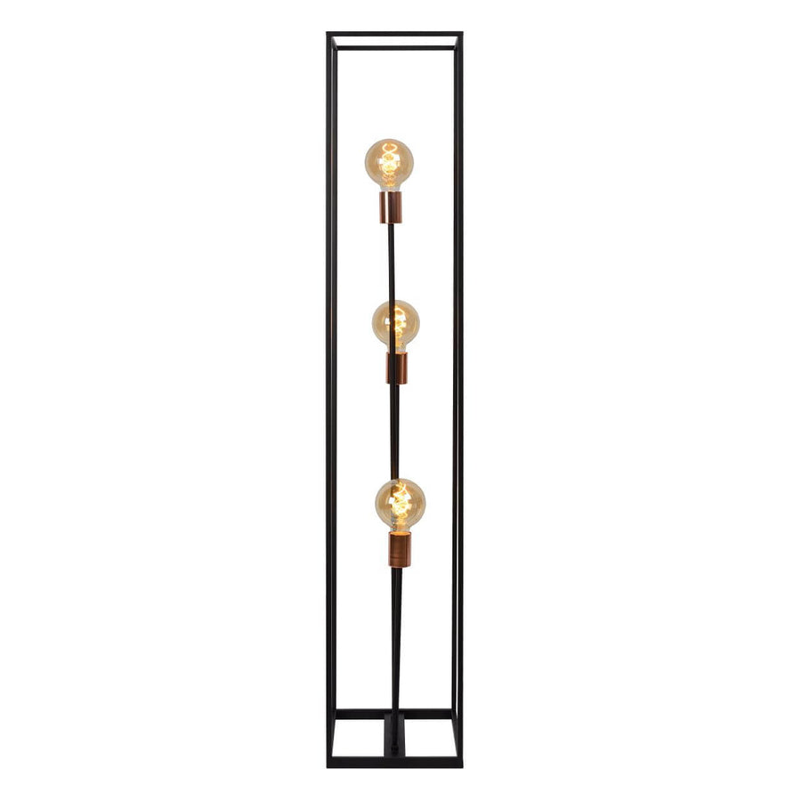 Lampadaire filaire noir et cuivre, trois ampoules rondes alignées verticalement