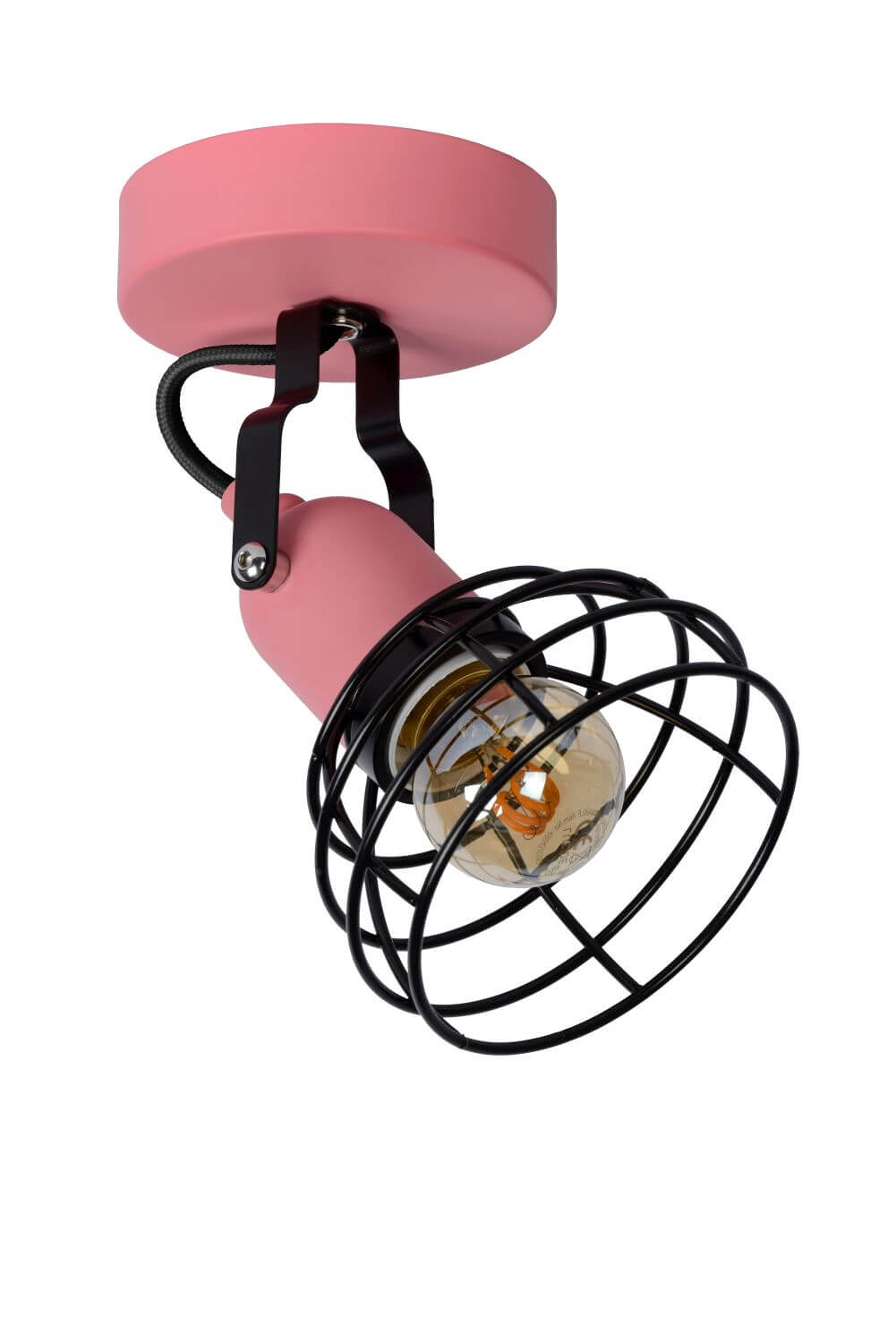Autre angle du plafonnier rose allumé avec ampoule visible dans sa cage