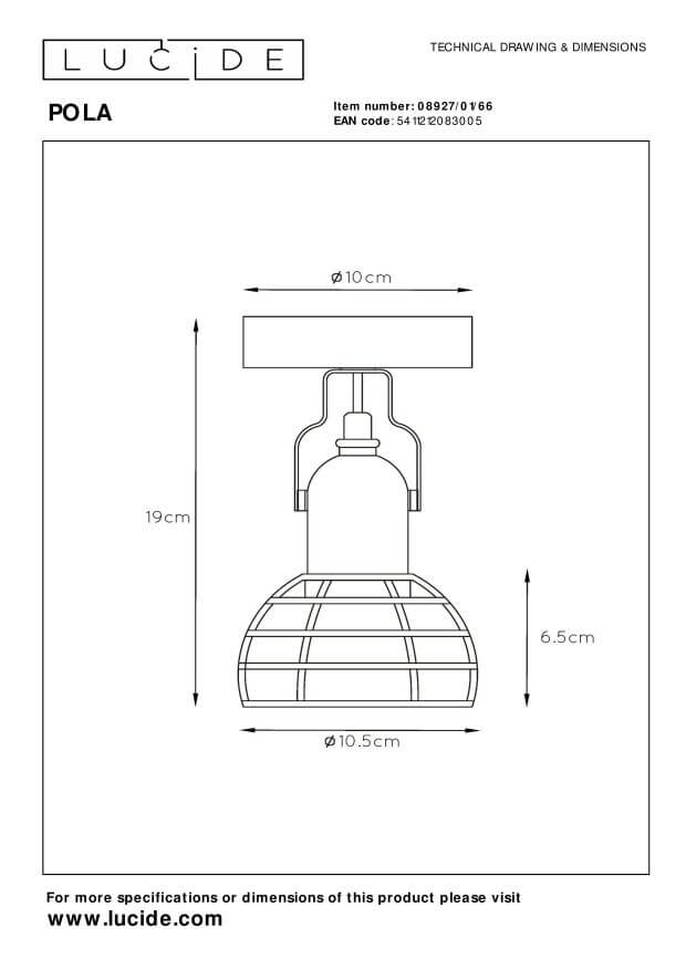 Schéma technique coté du plafonnier avec dimensions et hauteur totale