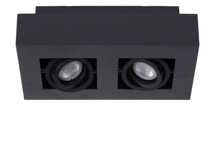 Vue de face du plafonnier noir, deux spots orientables éteints dans boîtier rectangulaire.