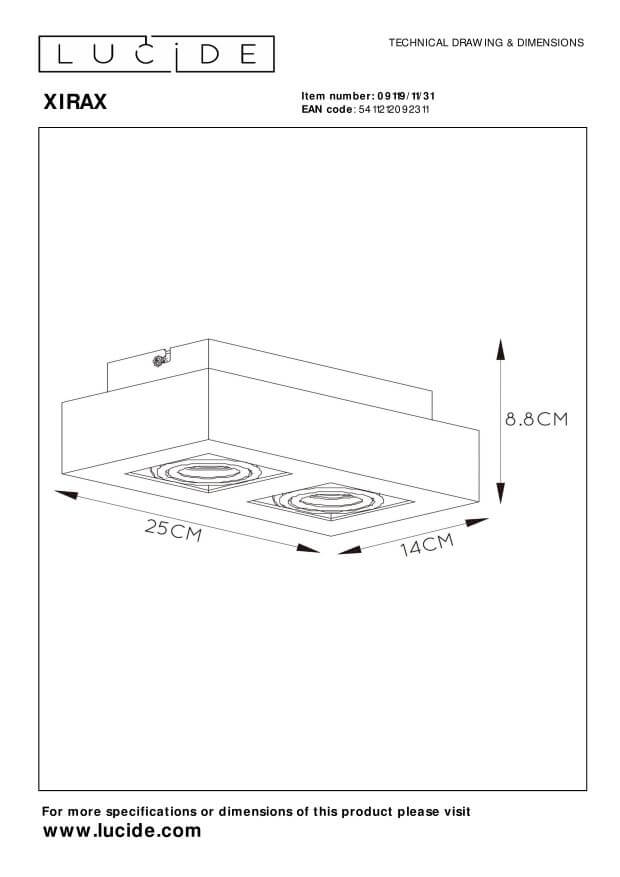 Dessin technique coté du luminaire : 25 cm de large pour 14 cm et 8,8 cm