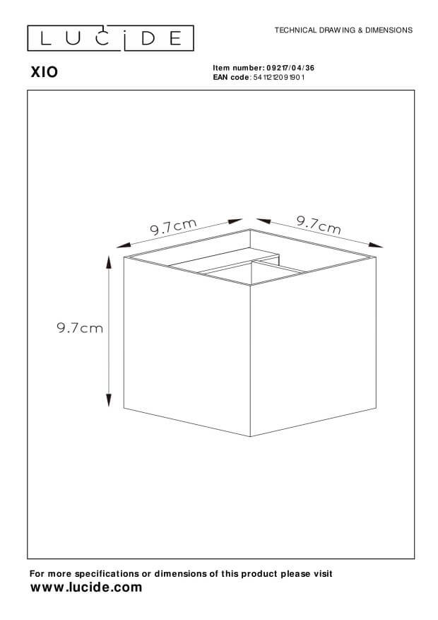 Schéma technique coté du luminaire carré, largeur et hauteur de 9,7 cm.