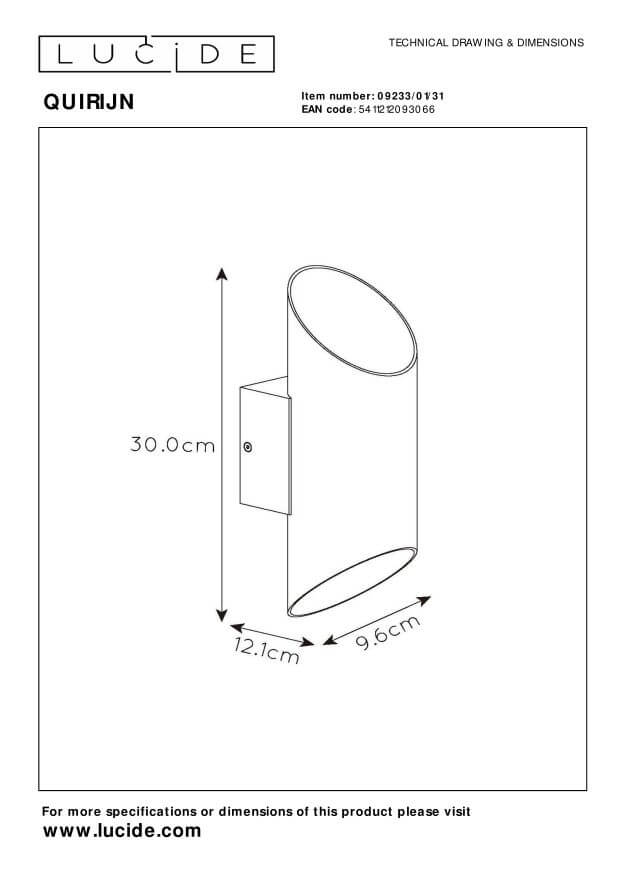 Schéma technique coté du luminaire : hauteur 30 cm, saillie 12,1 cm et diamètre 9,6 cm.