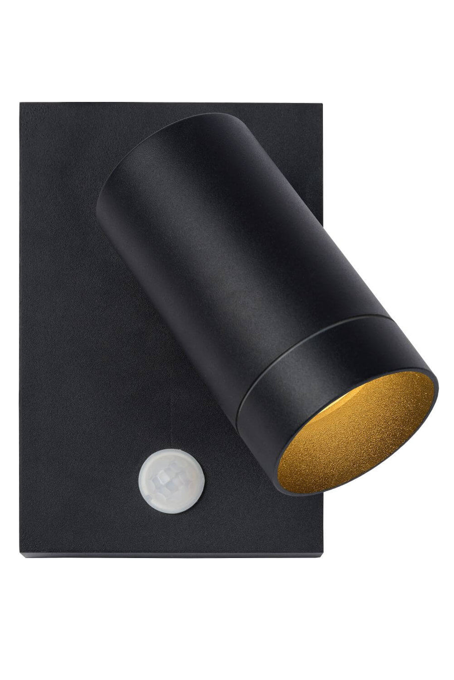 Vue plongeante sur fond blanc, projecteur cylindrique noir et détecteur de mouvement.