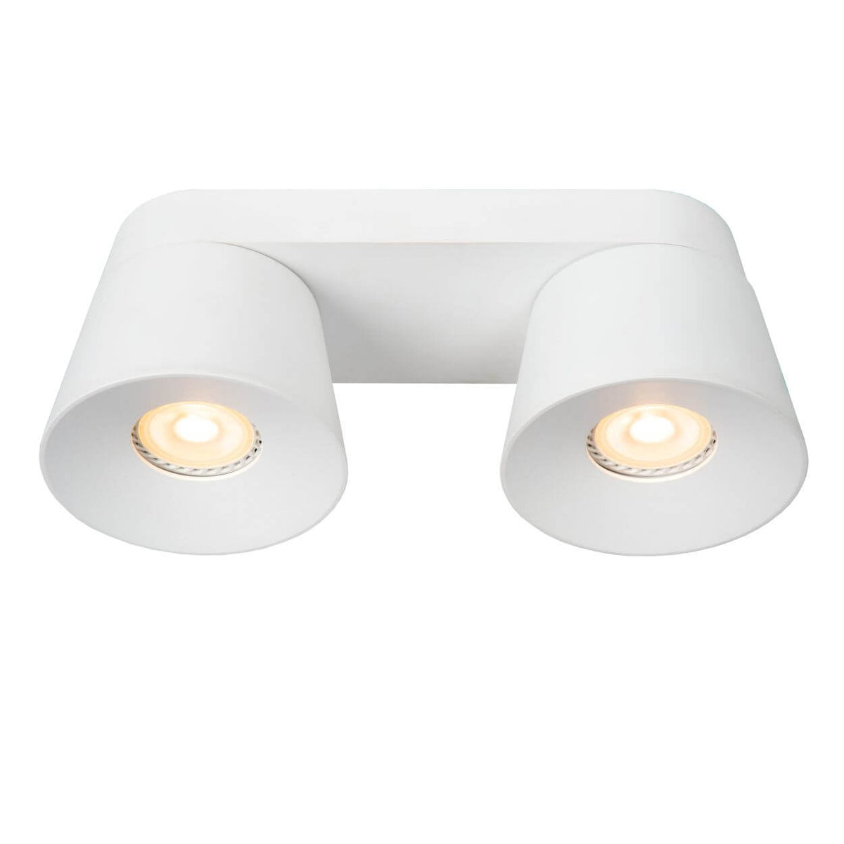 Vue de dessous du luminaire blanc, deux cônes allumés
